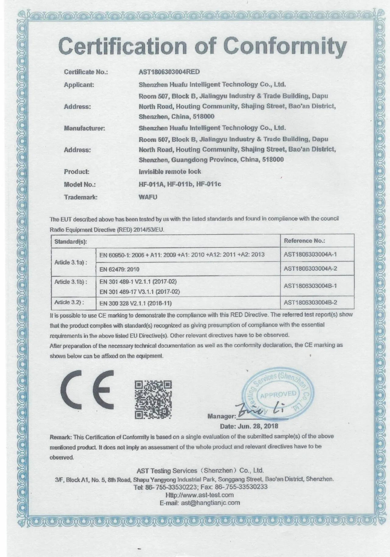 Certificato CE WAFU Smart Lock