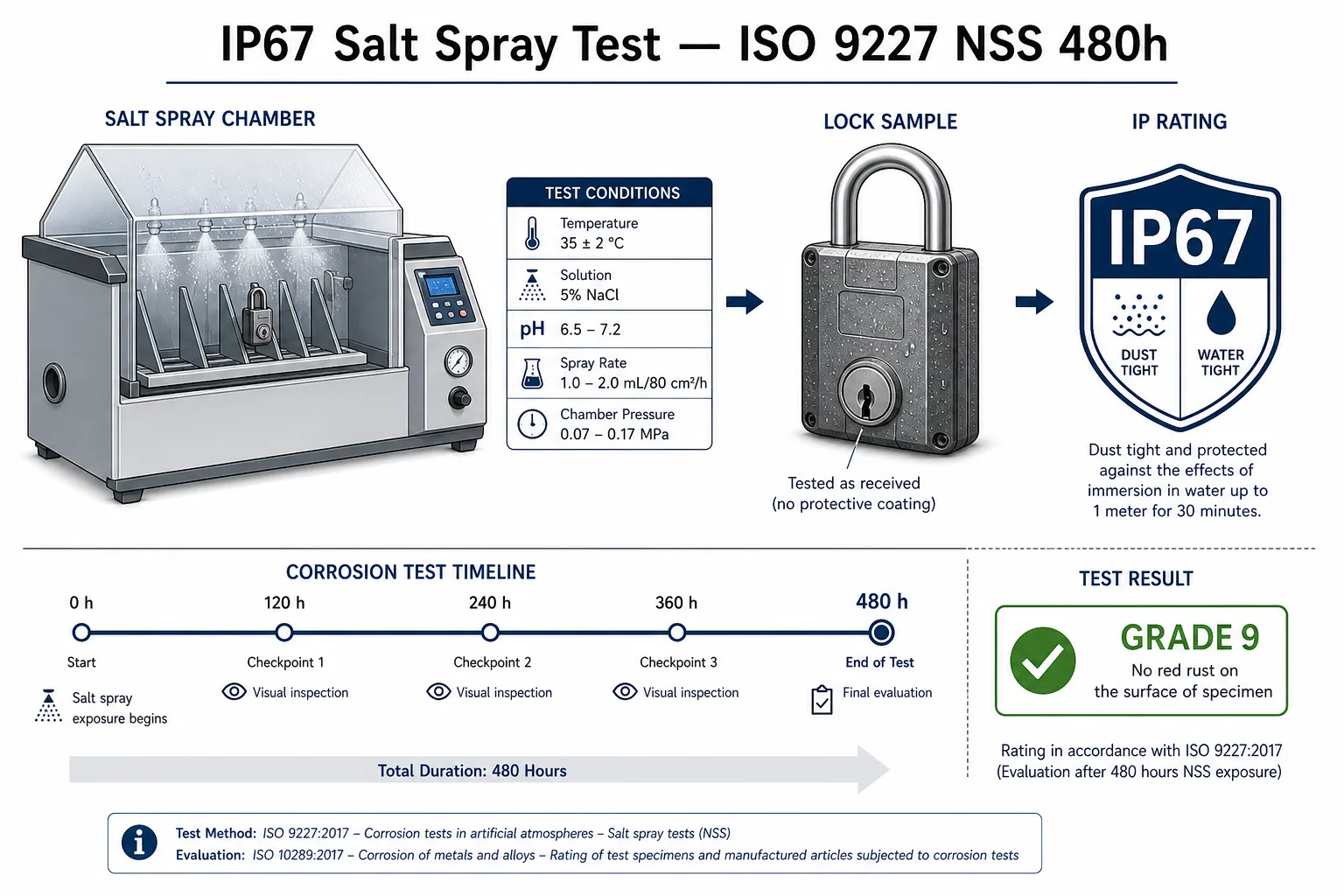 Scenario test nebbia salina IP67 — ISO 9227 NSS 480 ore grado protezione industriale