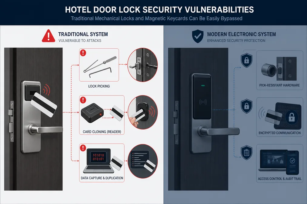 Rischi di sicurezza delle serrature tradizionali in hotel con chiavi fisiche, cilindri esposti e carte clonabili
