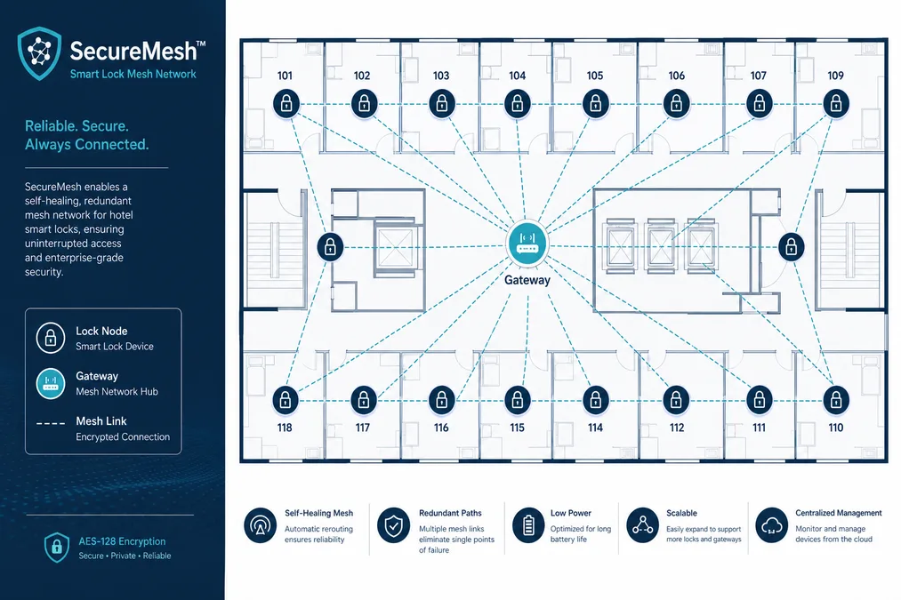 Topologia di rete SecureMesh con nodi serratura auto-organizzanti in ambiente hotel