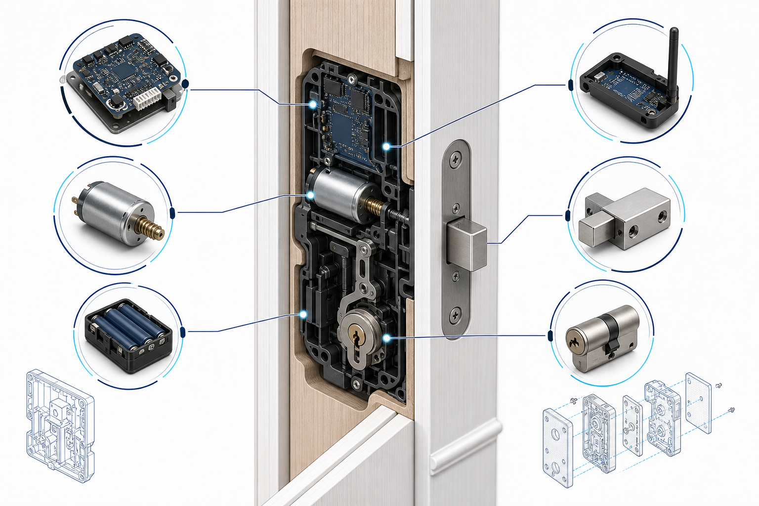 Architettura dei moduli di controllo, motore, batteria e chiavistello di una serratura intelligente invisibile