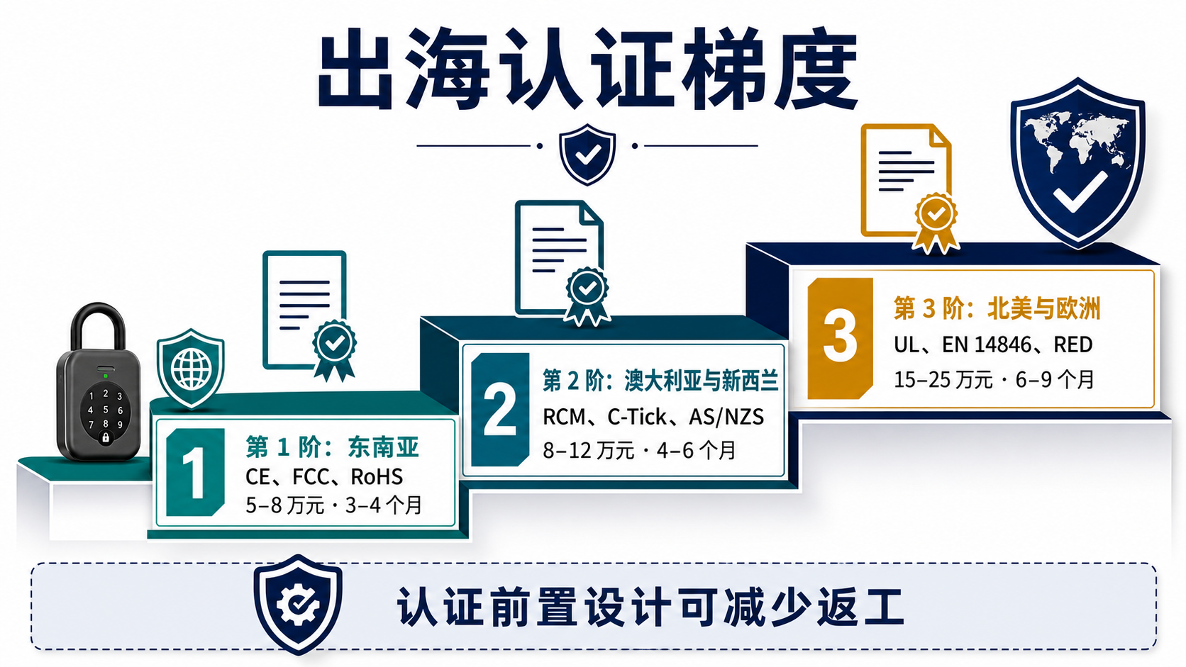 Gradiente di certificazione export e costi — SEA, ANZ, Nord America & Europa