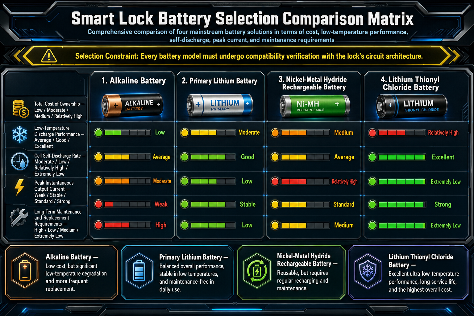 Matrice di scelta delle batterie per serrature smart in base a carico, temperatura e manutenzione