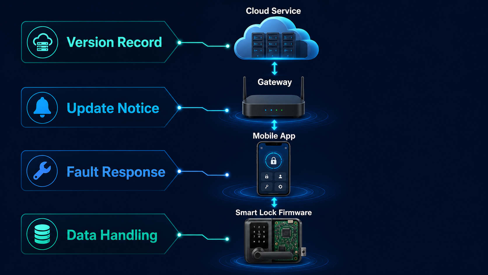 Confini tra firmware della serratura smart, app, gateway e servizio cloud