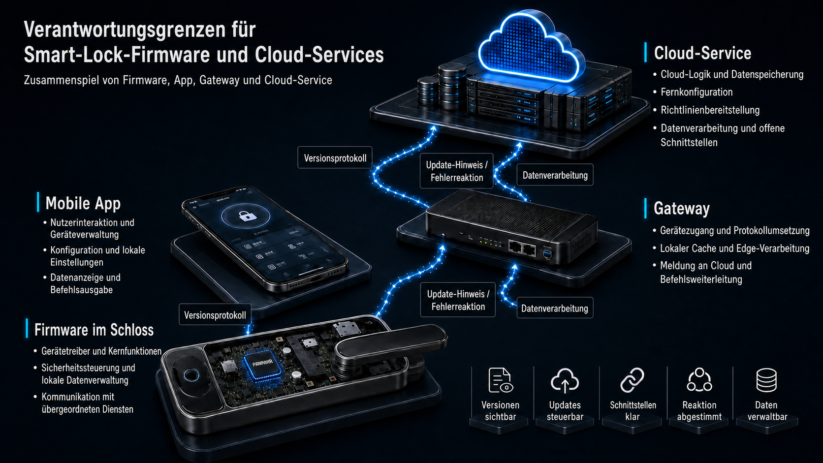 Confini di responsabilità per firmware, app, gateway e servizio cloud delle serrature smart