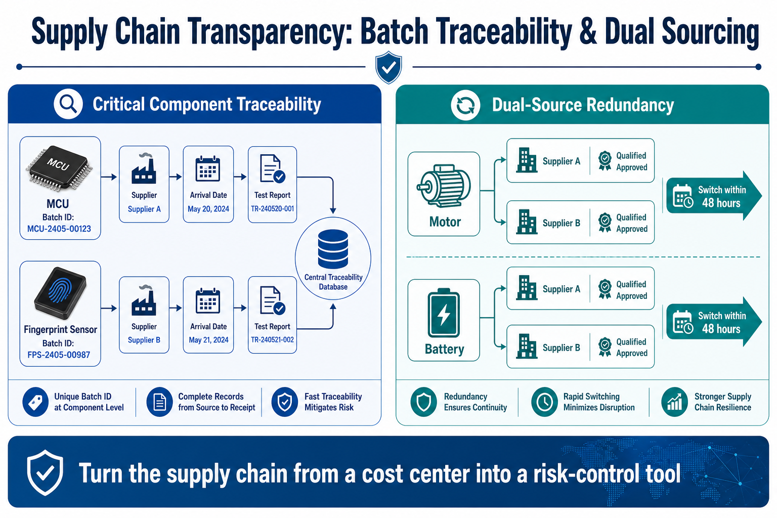 Trasparenza della catena di fornitura — tracciabilità dei lotti di componenti critici e dual-sourcing motore/batteria