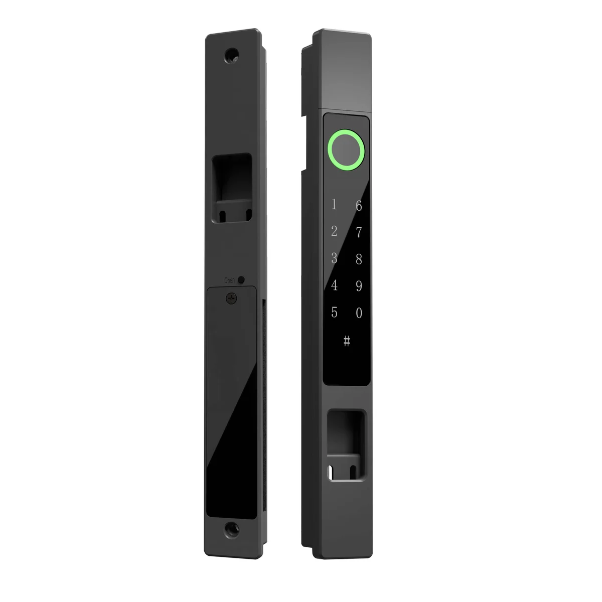 Serratura smart WAFU WF-N1 per porta scorrevole, vista frontale e posteriore